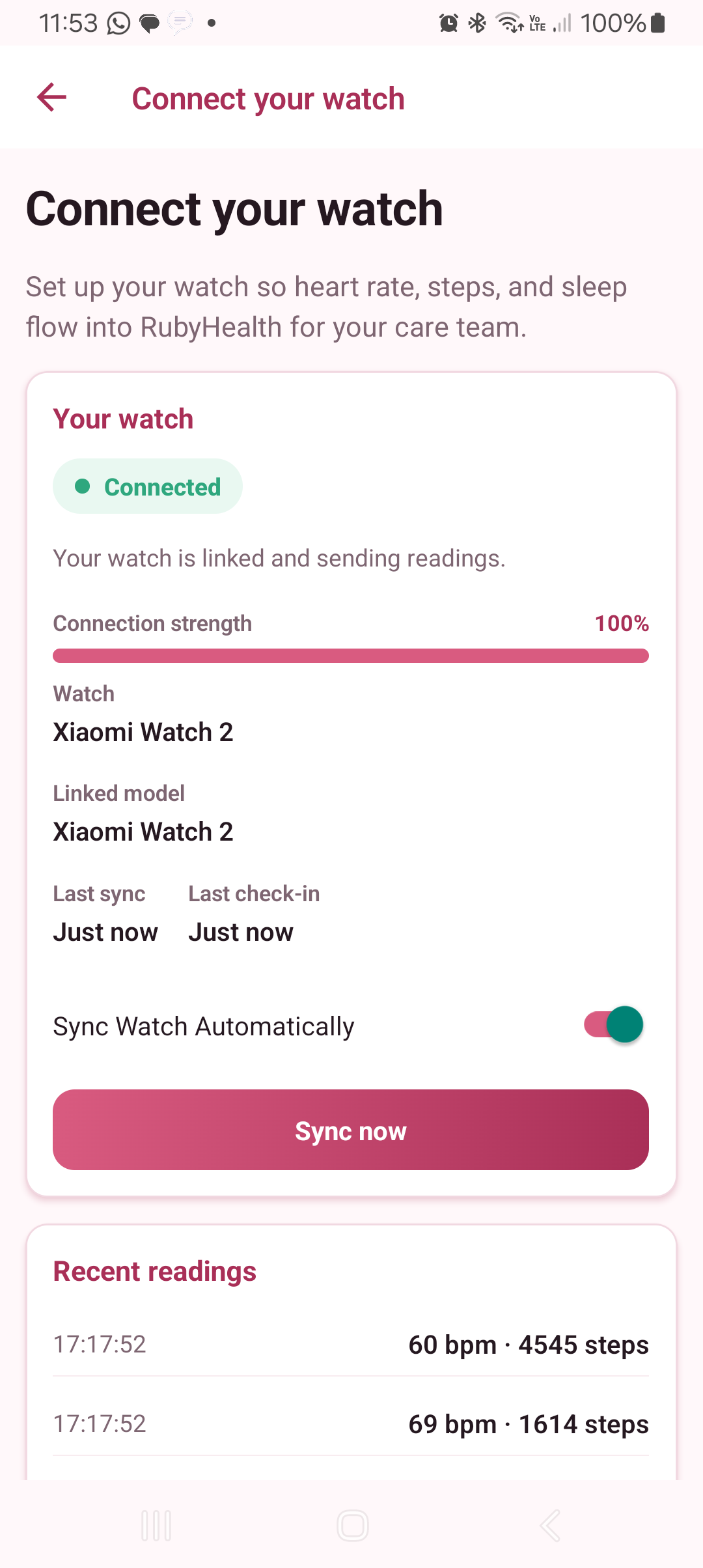 RubyHealth phone app showing a connected Xiaomi Watch 2 with recent heart-rate and step readings